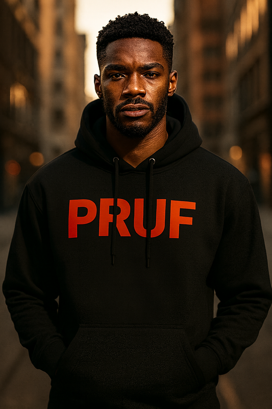 PRUF Black Hoodie with Red Lettering